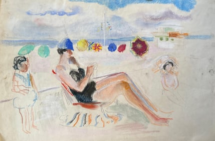 Anne Marie Migette Perard; Mid-Century French Pastel Beach Scene With Seated Woman Knitting and