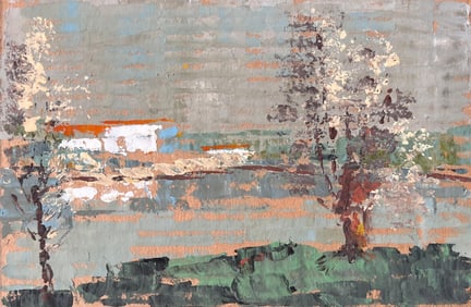 Fanch Lel; French Landscape with Blossoming Trees and Farmhouse in Beaumont Pléneuf