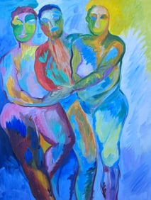 French School; Large French Contemporary Modernist Oil Painting Three Abstract Figures, 20th