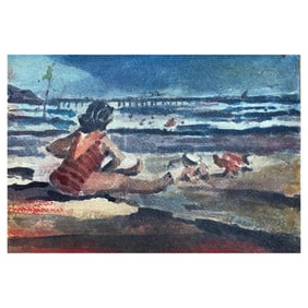 Maurice Mazeilie, French Impressionist Signed Watercolour, Lady On The Beach, 20th Century