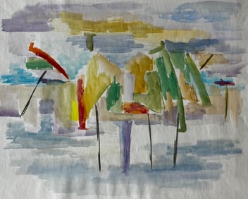Guy Nicod; Abstract Landscape with Umbrellas French Modernist Watercolour Gouache
