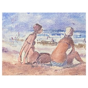 Maurice Mazeilie- French Impressionist Signed Watercolour - Girls Sunbathing
