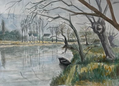 Guy Nicod; French River Landscape With Bare Winter Trees And Rowing Boat Watercolour