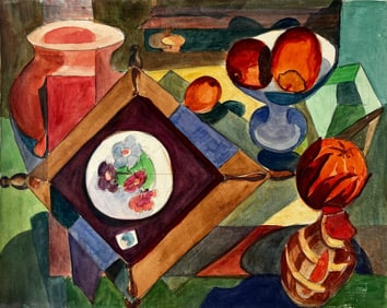 Guy Nicod; Cubist Abstract Still Life With Vase Fruit And Decorative Plate