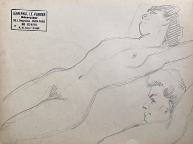 Jean-Paul le Verrier; Mid 20th century French Original Line Drawing sketch Figure Female- Stamped