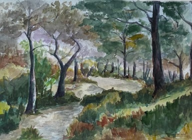 Guy Nicod; Woodland Path Among Pines Provence French Landscape Gouache
