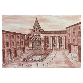 1950's French Modernist/ Cubist Painting, Busy French Town Square, 1950s