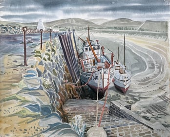 John Steane (b.1931); Shetland Harbour Fishing Boats at Low Tide by British Artist John Steane