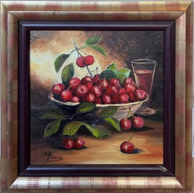 Annie Faure; Still Life of Ripe Red Cherries Overflowing Fruit Bowl French 20th Century Oil