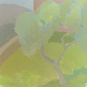 French School ; French Modernist Oil Painting Green Tonal Landscape with Pink House