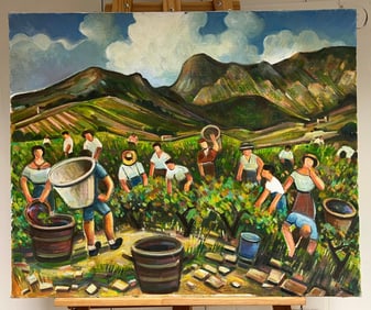 Max Toutain; Vineyard Workers Grape Harvest South of France Large 20th Century French Oil