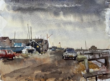 Anthony Herbert; Southwold Harbour with Boatsheds Moored Vessels Peugeot Car and Cloudy Sky, 1997
