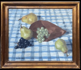 Lucie Jeandel; Mid 20th Century French Modernist Signed Oil Painting Still Life Pears & Grapes, 20th