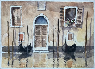 Anthony Avery; British Impressionist Watercolor of Venetian Gondolas and Reflections