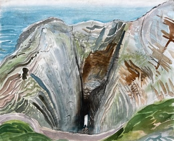 John Steane (b.1931); Dramatic Coastal Cliff Chasm and Sea View Expressive Watercolour by John