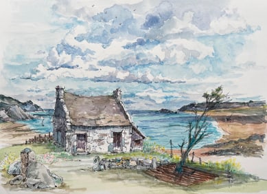 Robert Lepine (1929 - 2017); Brittany Watercolor of Rustic Stone Cottage Overlooking the Coast, 20th