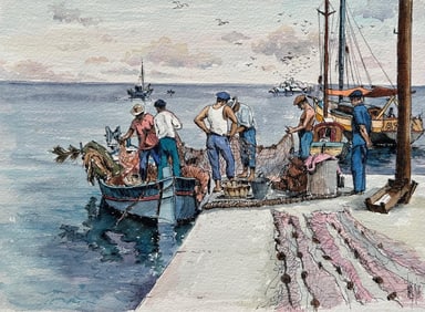 Robert Lepine (1929 - 2017); Mediterranean Watercolor of Fishermen Returning with Boats and Nets,