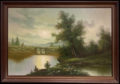 British School; Large 20th Century British Signed Oil Atmospheric Misty Lake Landscape & Bridge
