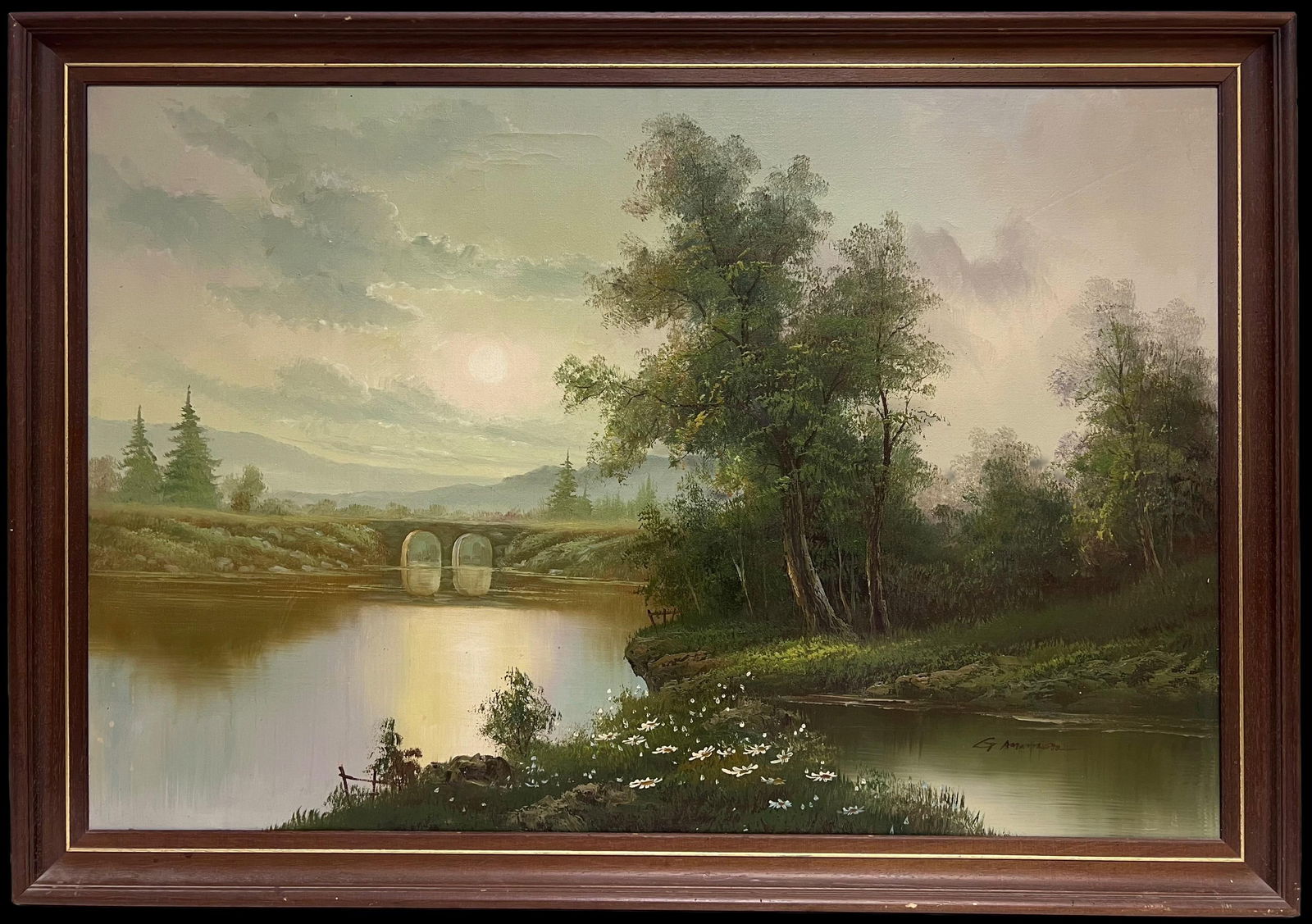 British School; Large 20th Century British Signed Oil Atmospheric Misty Lake Landscape & Bridge: Bright Blue Summers Day Signed by Fanch Lel Size: 13 x 16 inches (height x width) Oil painting on board , unframed Condition: Good condition overall with minor surface handling marks and light wear to