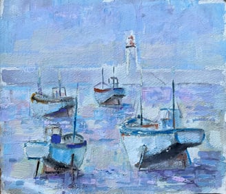 Fanch Lel; French Impressionist Oil Painting of Fishing Boats and Lighthouse