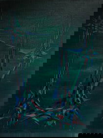 Serge Guerin (1916); 20th Century French Geometric Abstract Geometry in a Cosmic Green and Blue