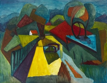 Guy Nicod; Cubist French Countryside Landscape With Houses Trees And Bridge Modernist