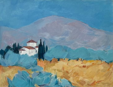 Roland Pichard; Original Oil Painting of Tranquil Greek Landscape with Villa and Cypress Trees, 1997