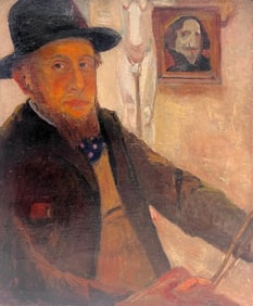 René PIROLA ; Antique French Impressionist Self Portrait of Artist 1900's Oil Painting canvas