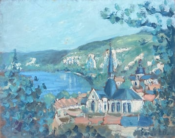 Fanch Lel; Blue Church In Bright Blue Sea Rivera French Landscape Oil Painting