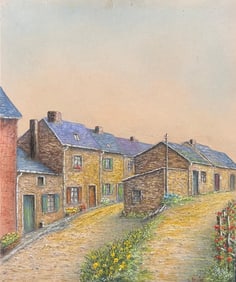 Jean Fourie; Village Street of Tight Packed Cottages Oil Landscape Painting