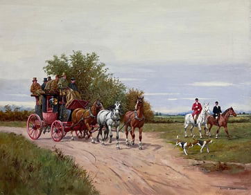 Richard Simm; Antique English Signed Oil Painting Coach & Horses Racing to London Huntsman