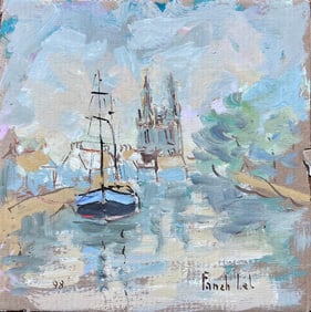 Fanch Lel; French Impressionist Oil Painting of Boat on River with Cathedral Spires, 1998