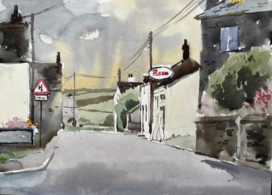 Anthony Herbert; 1977 Watercolour of St. Teath Village Street, North Cornwall with Esso Sign, 1977