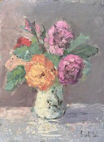 Fanch Lel; Roses de Mon Jardin Floral Still Life of Pink and Orange Roses in Vase, 2000