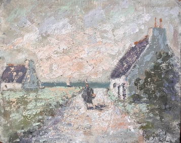 Fanch Lel; French Coastal Village Oil Painting of Thatched Cottages and Figure Walking