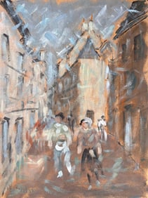 Fanch Lel; Impressionist Street Scene with Figures in Motion in a Historic European Town, 1998