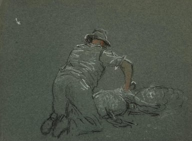 John Rabone Harvey; British Chalk Pencil Sketch of a Shepherd Sheering His Flock, 1966