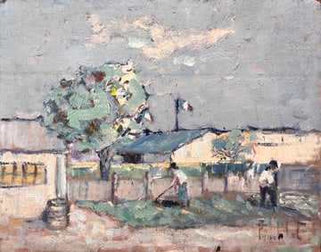 Fanch Lel; French Impressionist Garden Scene with Workers Tricolor Flag and Countryside