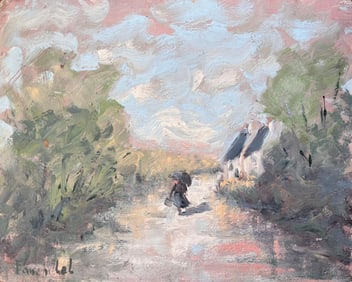Fanch Lel; French Impressionist Countryside Walk with Figure Holding an Umbrella