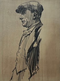 Anthony Herbert; Profile Portrait Of A Man In Flat Cap Graphite On Brown Paper