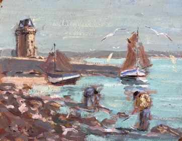 Fanch Lel; Fishing Boats and Shellfish Gatherers by Coastal Fort with Seagulls