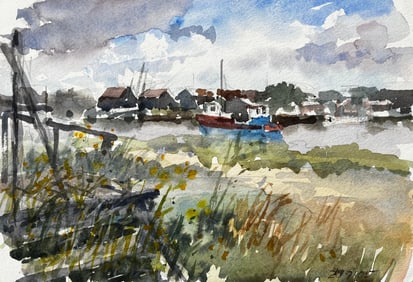 Anthony Herbert; Walberswick Riverbank with Moored Red and Blue Boat Suffolk Coastal Watercolor,