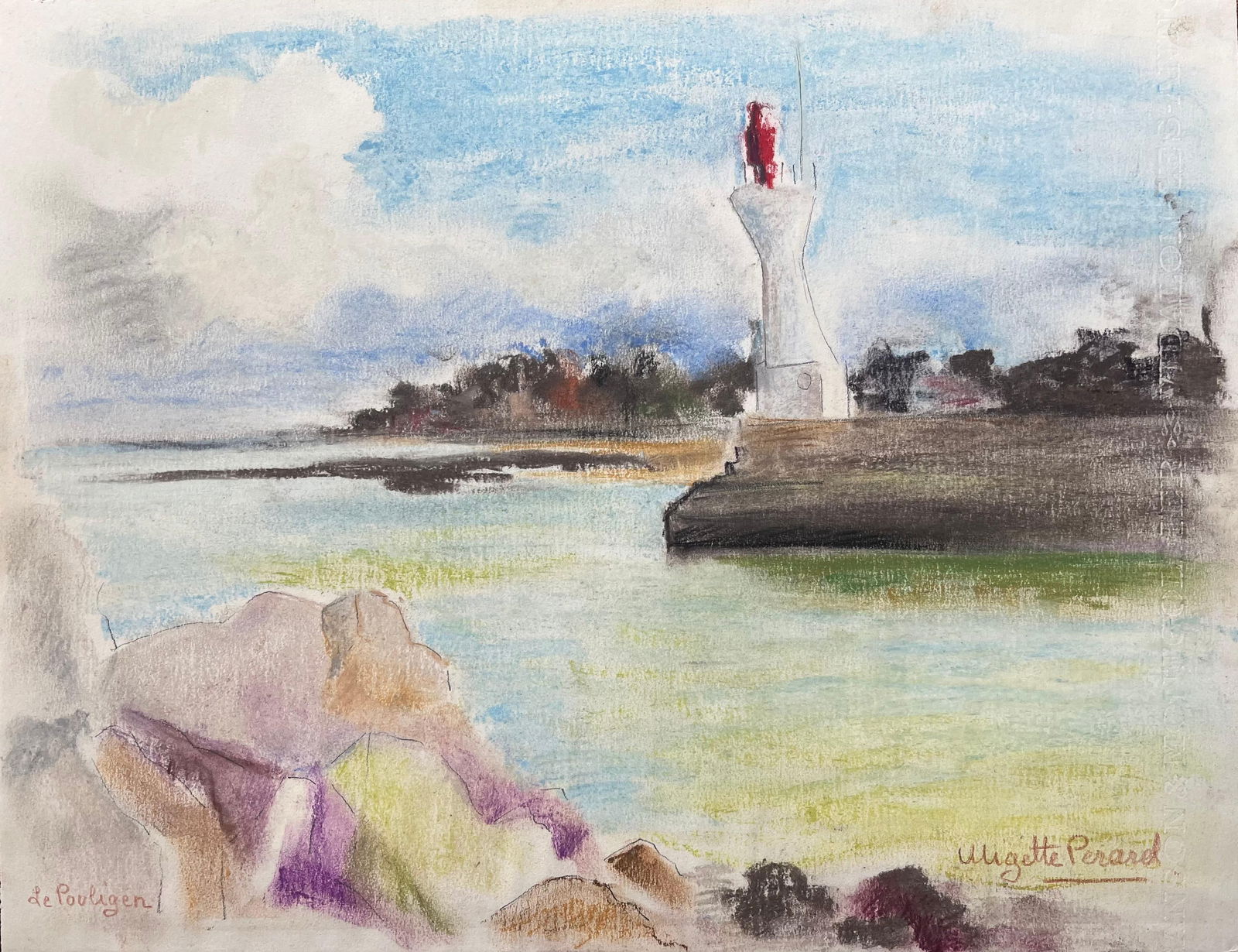 Anne Marie Migette Perard; Mid-20th Century Post-Impressionist Pastel of Le Pouliguen Lighthouse: Title: French Mid 20th Century Pastel of River Village and Mountains with Boat by Anne Marie Migette Perard (French 1902-1977) Medium: Pastel on unframed paper Size: 21.75 inches (height) x 29.5 inche