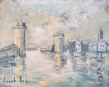 Fanch Lel; French Impressionist Port Scene of La Rochelle Towers and Boats in Harbour
