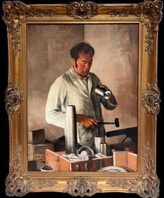 John Edwards; Traditional English Oil Painting depicting Metal Worker in his Workshop