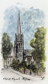 Jack Grunwell; Historic Miniature Watercolor of Christ Church in Clifton