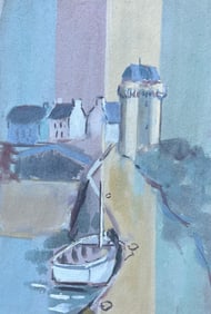 Fanch Lel; French Village Harbour Scene with Boat and Tower by Fanch Lel