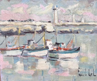 Fanch Lel; French Impressionist Painting of Moored Fishing Boats and Lighthouse