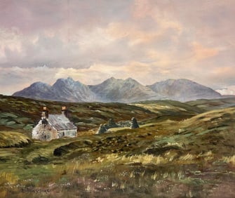 Ernest Dunsmore; Large Scottish Oil Painting Bothy Cottage Wester Ross Windswept Landscape