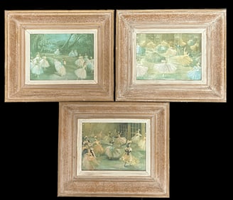 French School; 1960 French Metallic Ballerina Green and Gold Prints Set of Three Framed, 1960's